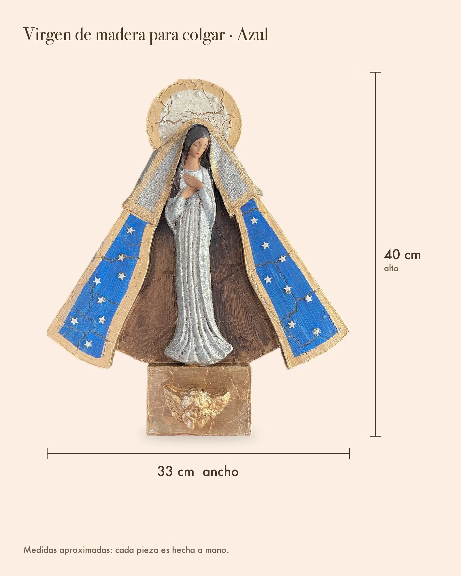 Medidas de Virgen de Madera para Colgar, Azul fuerte: alto 40 cm · ancho 33 cm