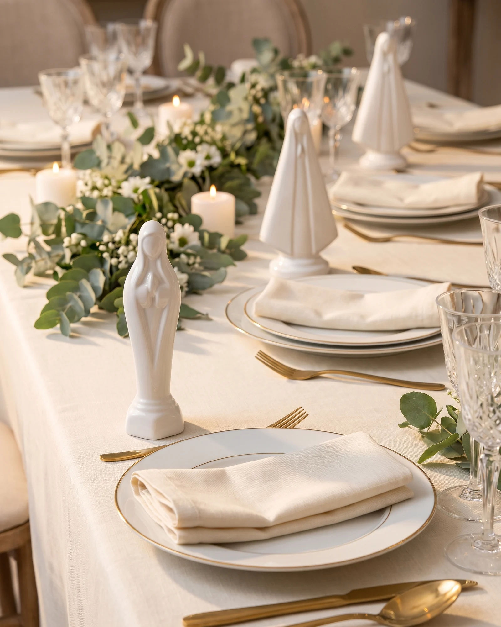 Vírgenes de cerámica blanca para recuerdo, una en cada lugar de una mesa de boda con vajilla de filo dorado, velas y eucalipto.